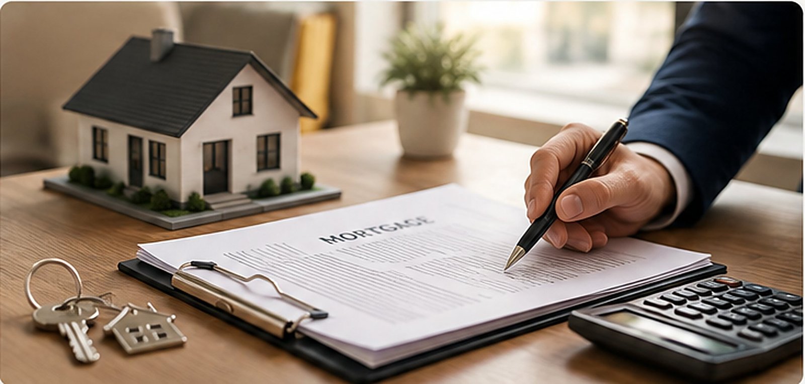 A house model, keys and a mortgage document on a desk beside a calculator