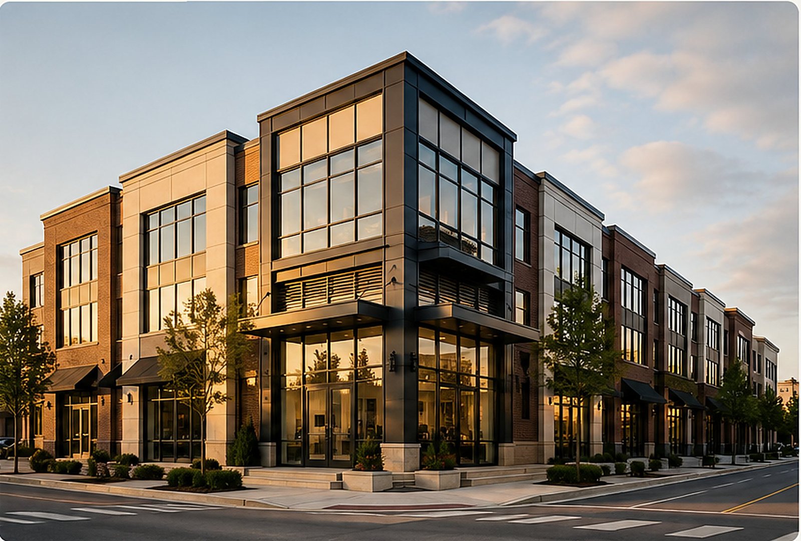 A modern mixed-use commercial building at dusk