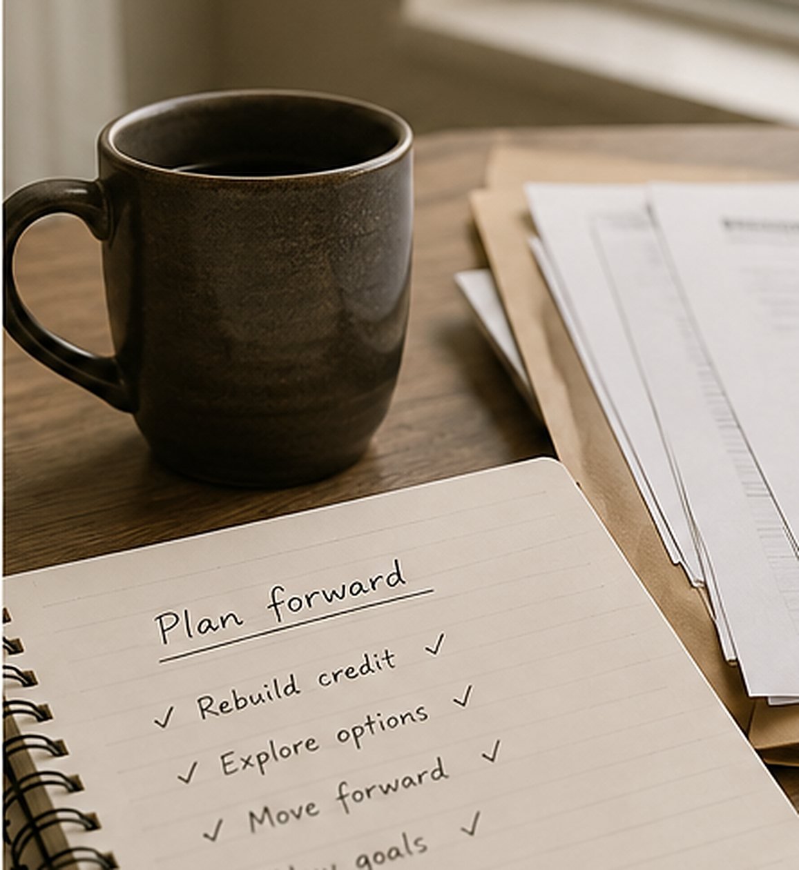 A notebook with a forward-planning checklist beside a coffee cup and documents
