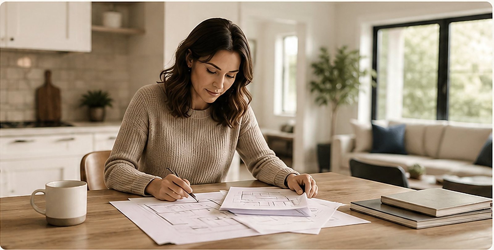 A homeowner reviewing renovation drawings at a kitchen table