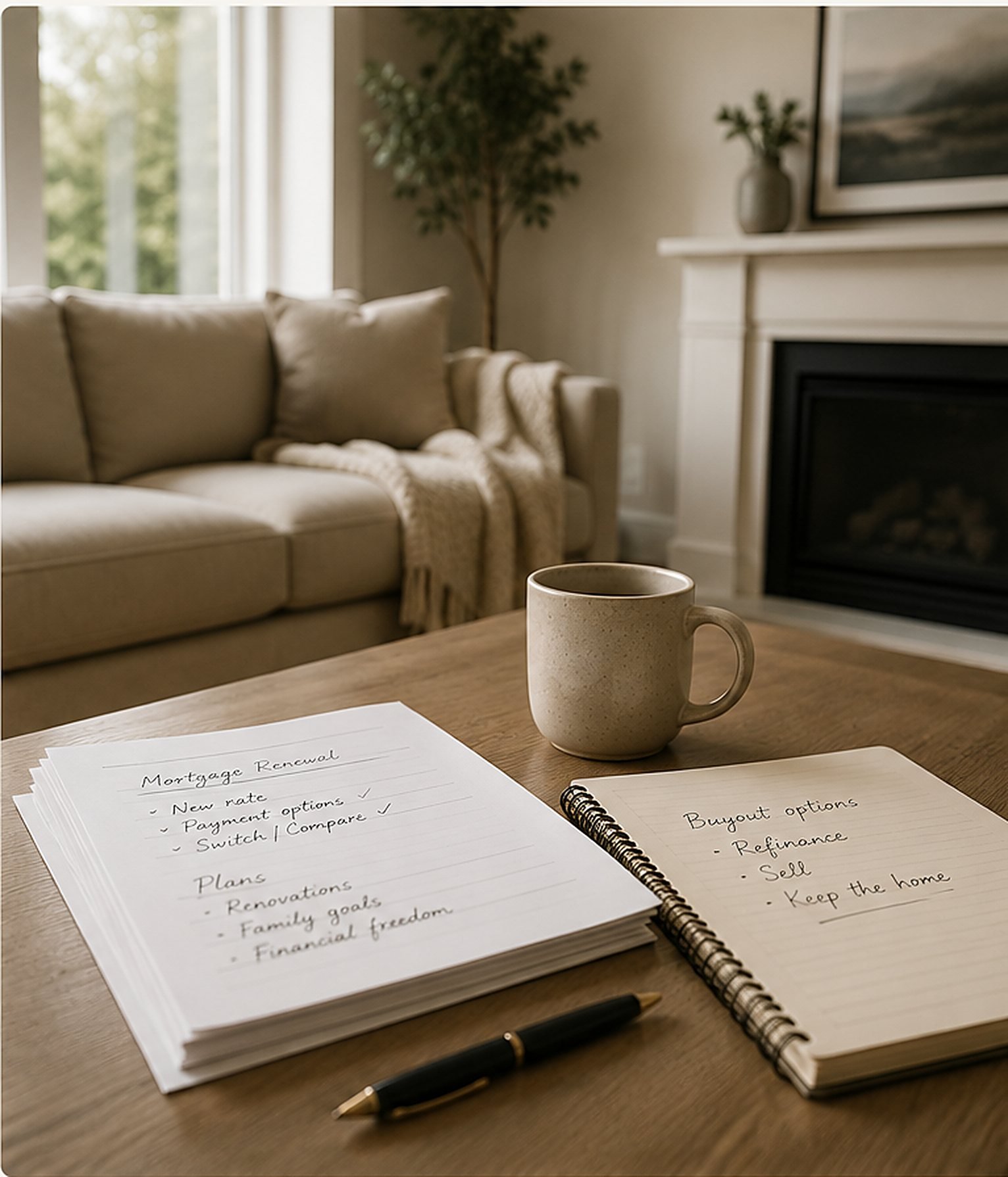 Mortgage renewal paperwork and a notebook on a table in a quiet living room